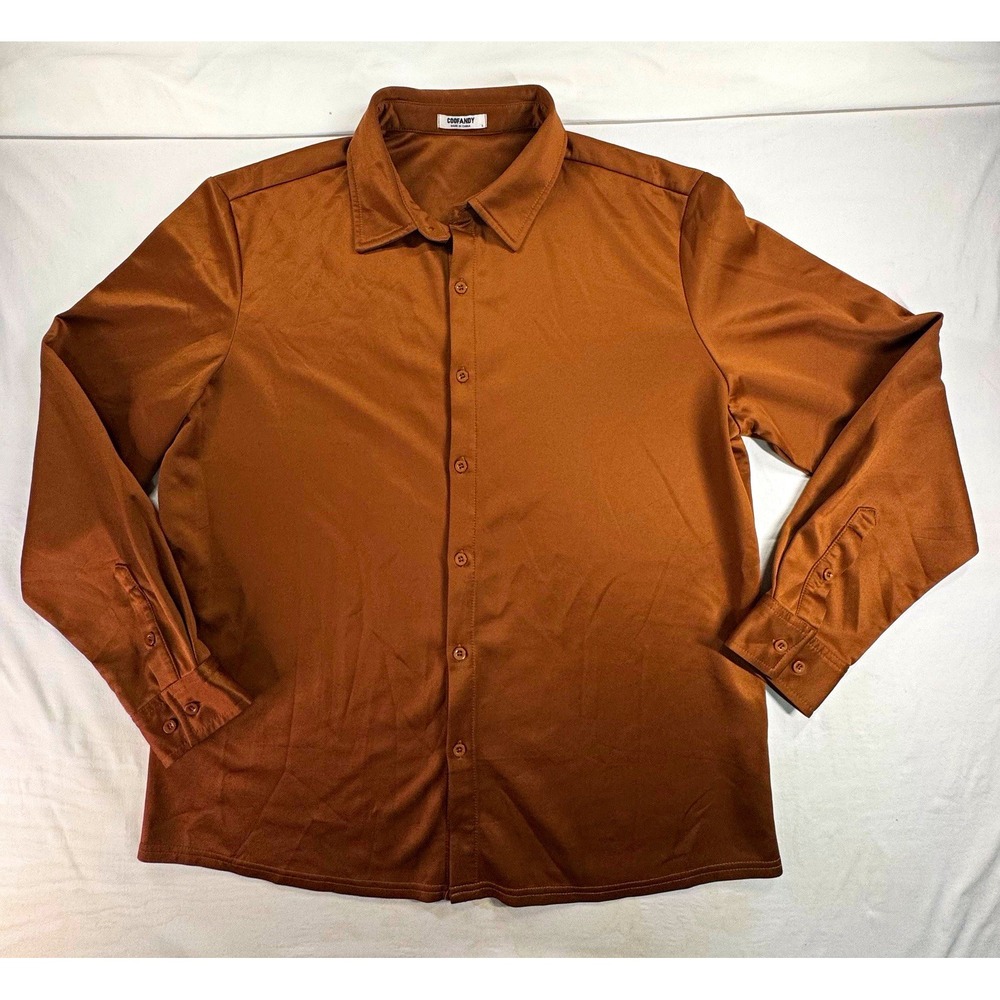 COOFANDY Mens L Brown Solid Woven Long Sleeve Stretch Button-Up Polyester